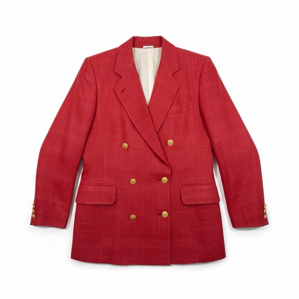 Freedburg “Diana” Red Silk Double-Breasted Blazer Gold Crest Buttons Size 8